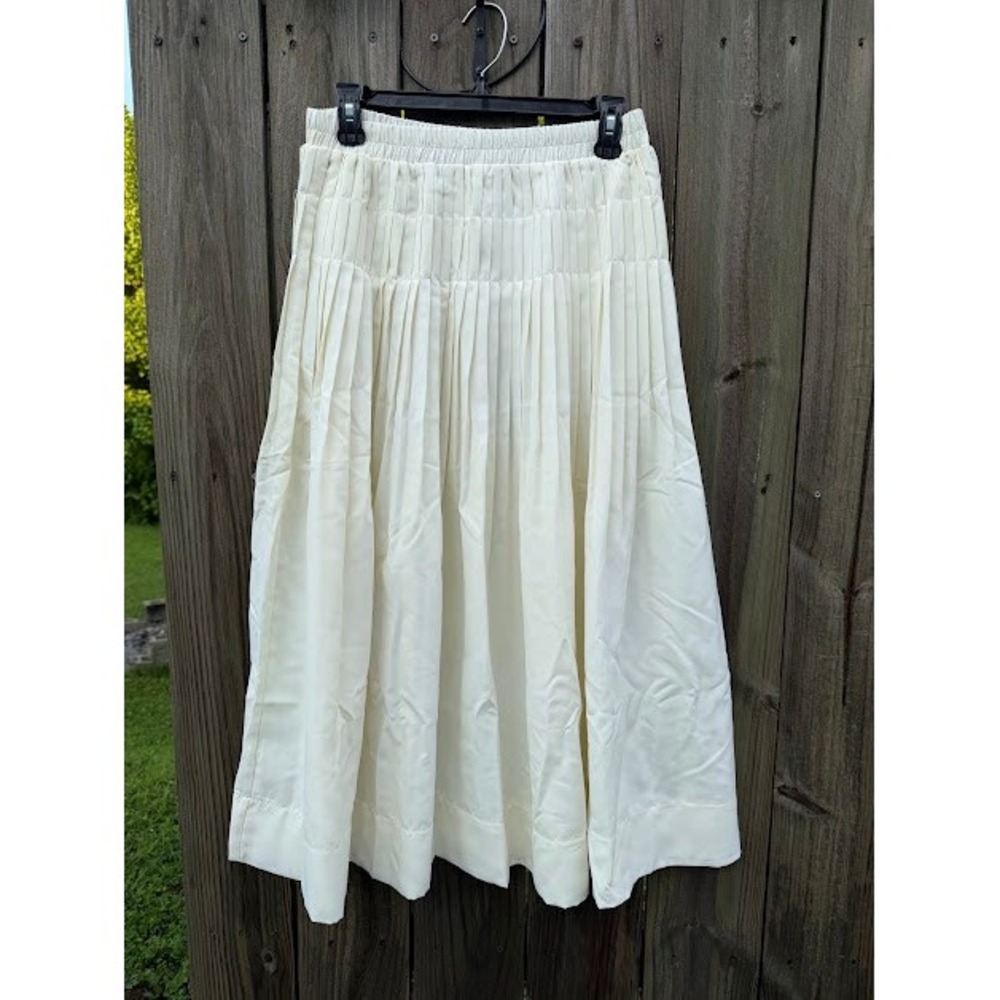 Coquette Pleated Polygram Midi Skirt Womens L Cream Accordion Elastic Waist New